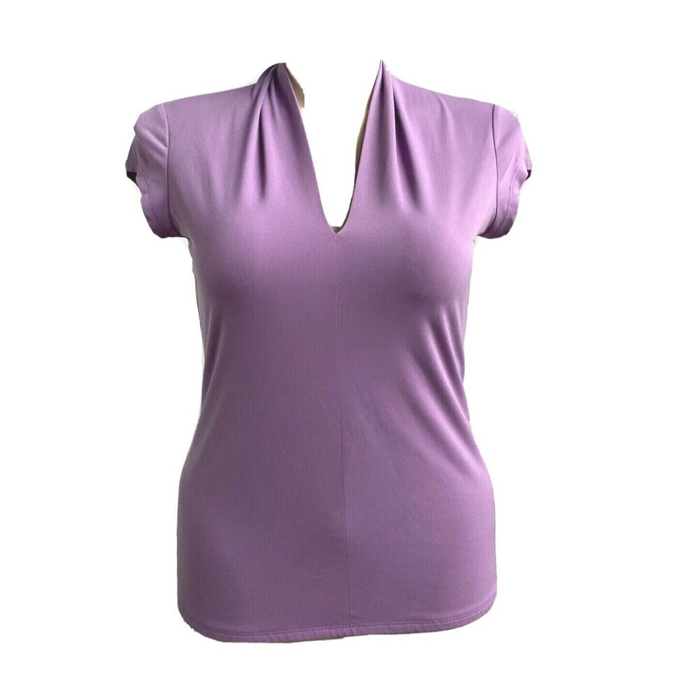 PREMISE Top LARGE Lavender Purple Jersey Knit High V Neck Pullover Blouse Work